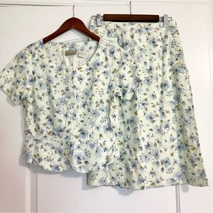 VTG Liz Claiborne floral linen skirt set short-sleeve button-down blouse Sz 6P